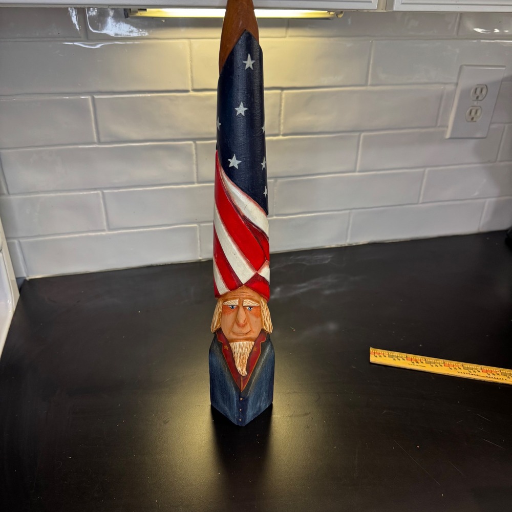 Hand Carved Uncle Sam Totem Sculpture 17.5" Red White Blue Patriotic Folk Art